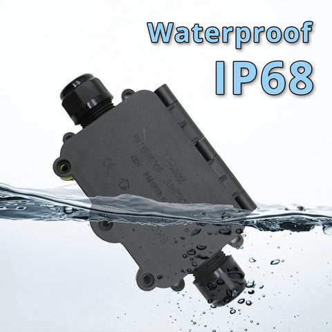 Beefy 2 Way IP68 Waterproof Junction Box For Outdoor Electrical Enclosures, Clamshell Style Underground Box With Airtight Plastic Case And Screw Terminal Block, Weatherproof, Max Inner Diameter 12mm, black angled in water