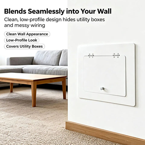 Slick Drywall Access Panel With a Quick Grab Ring Pull Handle for Plumbing Cleanouts and Electrical Boxes installed in living room wall.