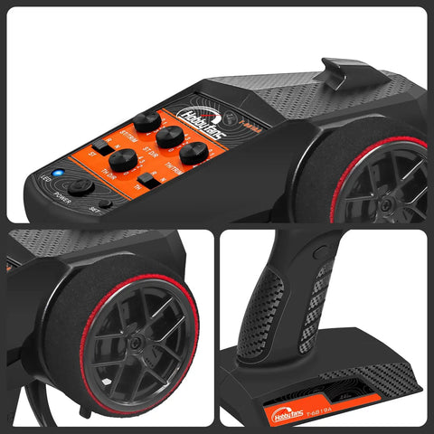 Close-up views of 4 Channel 2.4G RC Transmitter With Receiver Lanyard Anti Jamming Remote Controller for RC vehicles.