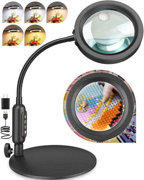 Pro Grade LED Magnifier With Light And Flexible Gooseneck 30x 10x Dual Zoom Five Color Modes Stepless Dimmable Brightness Optical HD Lens Hands Free Loupe For Close Work Craft Hobby Painting Jewelry Making