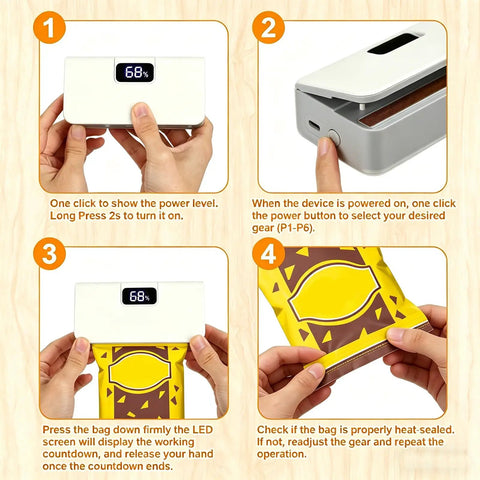 Steps to use Mini Bag Sealer 2 In 1 Heat Sealer And Cutter With Rechargeable Battery And LED Display Portable 6 Gear Adjustable Sealing Machine