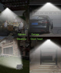 JUDYSSY Solar Floodlight Outdoor with 180° Angle Lighting Adjustable and Light Sensorremote Control illuminating garage and garden scenes.