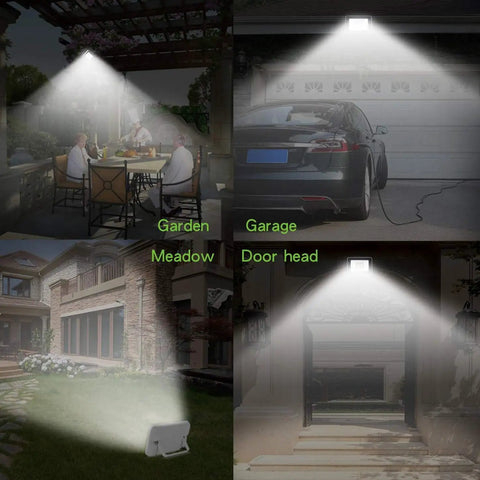 JUDYSSY Solar Floodlight Outdoor with 180° Angle Lighting Adjustable and Light Sensorremote Control illuminating garage and garden scenes.