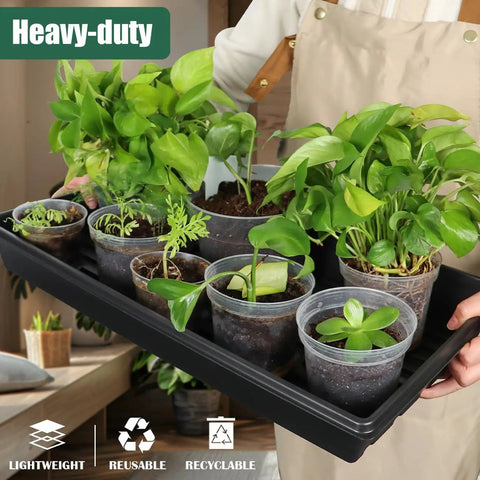 Person holding Seed Starter Kit With 10 1020 Seed Trays And 2 Seedling Heat Mats for faster germination in indoor gardens.