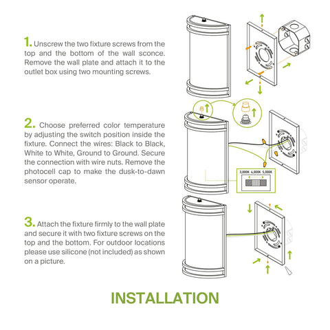 Installation guide for LED Outdoor Wall Mount Light Fixture In Oil Rubbed Bronze Finish, showing assembly and wiring instructions