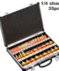 Pro Level Tungsten Carbide Router Bit Set 35 Piece Kit With Solid Quarter Inch Shank, displayed in open case.