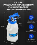 Oil Extractor Pump And Dispenser Kit 6L Pneumatic Bleeder Set with hose and pressure gauge, shown with dimensions.