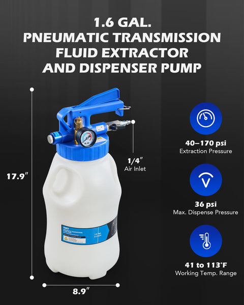 Oil Extractor Pump And Dispenser Kit 6L Pneumatic Bleeder Set with hose and pressure gauge, shown with dimensions.