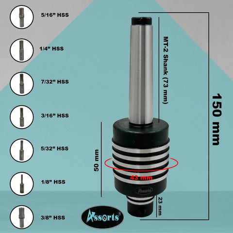 MT2 Rotary Broach Tool Holder With 7 Piece Hex Broach Set in Imperial Sizes for Milling and Lathe Projects, tool dimensions shown