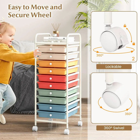 Rolling Utility Cart with Ten Drawers, Lockable Wheels, Easy Grab Handles, shown with colorful organizer drawers and plant decor.