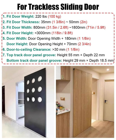 Trackless Sliding Door Kit With Soft Close For Wooden Doors Concealed Top Rail System For Closet Doors Ghost Barn Hardware shown installed with a floating-door effect in modern home interior.