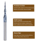 SpeTool tapered ball nose router bit, side view, 1.0 mm tip, 0.5 mm radius, TiAIN coated for CNC milling
