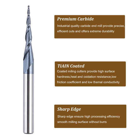 SpeTool tapered ball nose router bit, side view, 1.0 mm tip, 0.5 mm radius, TiAIN coated for CNC milling