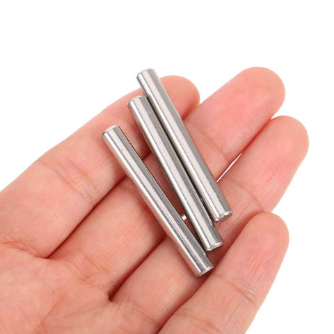 Hand holding 5x40mm stainless steel locating pins, part of 100 Pcs 304 Stainless Steel Cylindrical Locating Pins for mechanical fastening.