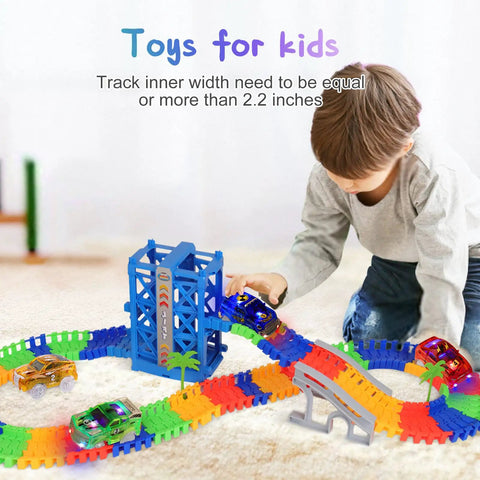 Child playing with Glow In The Dark Track Cars 4 Pack Replacement Toys For Kids Aged 3 To 8 With 5 LED Lights on colorful track
