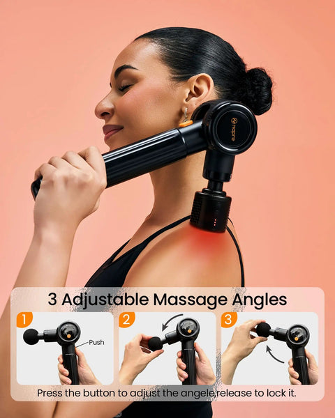 Person using Deep Tissue Massage Gun With Heat And Cold Therapy, Extension Handle, Three Adjustable Angles, on shoulder