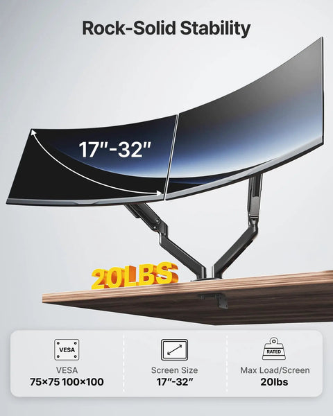 Built Tough Heavy Duty Dual Monitor Arm Stand With Full Motion Adjustment fits 17 to 32 inch screens with 20 lbs support.