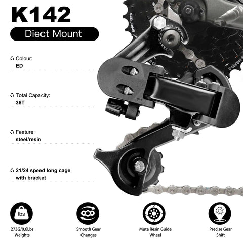 Image showing the K142 Six Seven Speed Rear Derailleur Hanger Mount for MTB, cruiser, and commuter bikes in black aluminum.