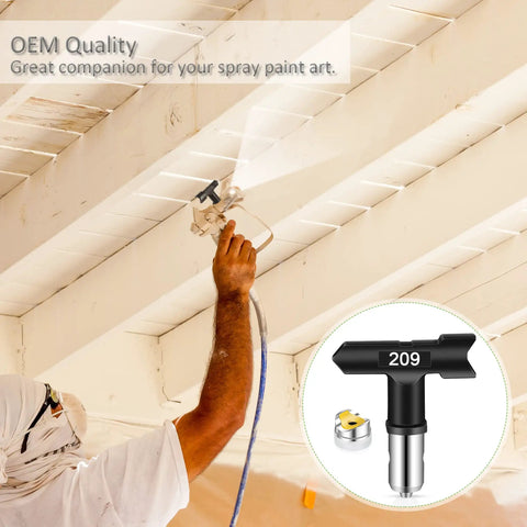 Person using airless paint sprayer tips and seals kit with model tip 209 on wooden beams for smooth, even finishes.