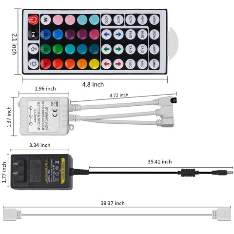 2-Port 44-Key IR RGB LED Remote Control Box Kit With 12V 3A Power Supply, cables, extension for RGB LED strip lights