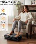 Woman using Vibration Plate Exercise Machine for home fitness, full body vibration, weight loss, and lymphatic drainage in a living room.