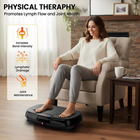Woman using Vibration Plate Exercise Machine for home fitness, full body vibration, weight loss, and lymphatic drainage in a living room.
