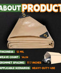 Heavy Duty 8x10 Feet Tan Tarp With 12 Mil Waterproof Poly Coverage folded with grommets and reinforced edges, for outdoor use.