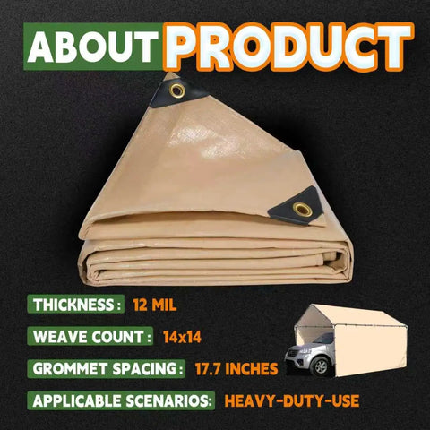 Heavy Duty 8x10 Feet Tan Tarp With 12 Mil Waterproof Poly Coverage folded with grommets and reinforced edges, for outdoor use.