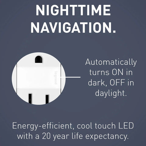 Five Level Adjustable LED Night Light Outlet In White Finish with automatic on-off feature for dark and daylight use.