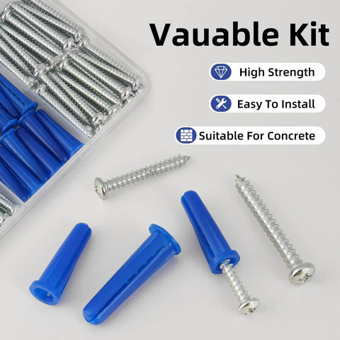 All In One Concrete Anchors And Screws Kit For Masonry Projects, 180 Piece Set with visible anchors and screws, easy to install.