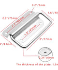 Dimensions of 4 Pack 3 Inch Stainless Steel Chest Pull Handles With Screws Foldable Ring Design For Toolbox And Heavy Duty Surface Mount Cases Silver Finish With Inner Size 2.6 By 1.1 Inches And Outer Size 3 By 1.6 Inches Thick 0.24 Inches.