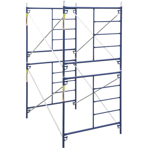 Pro Grade Double Lift Scaffold Frames 5 By 10 By 10 Feet with galvanized cross braces, blue powder-coated steel frame.