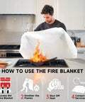 Man using Emergency Fire Blanket For Home And Kitchen 40x40 Inch Fireproof Fiberglass Flame Retardant Safety Shield to smother flames on stovetop.