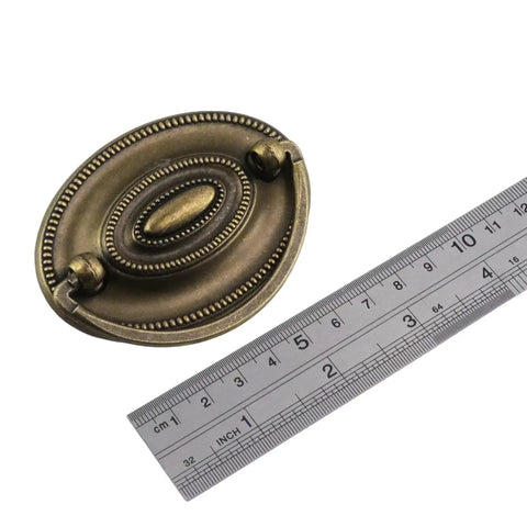 Eight Pcs Old School Antique Brass Bail Drawer Pulls Set for Furniture, Oval Drop Swing Cabinet Handles with ruler for size reference.