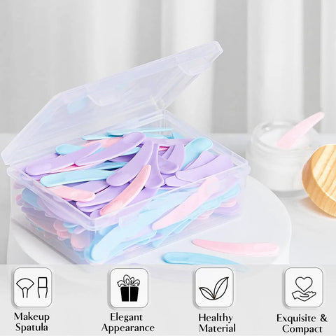 Bulk 200 Mini Makeup Spatulas With Storage Box Disposable Cosmetic Spatulas In Pink Blue Purple, clear plastic box