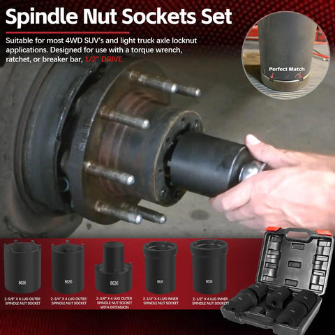 Image showing Five Piece Spindle Nut Socket Tool Kit One Half Inch Drive For Ford Dana 50 60 Chevy Dodge SUVs And Light Trucks, in use on wheel hub.