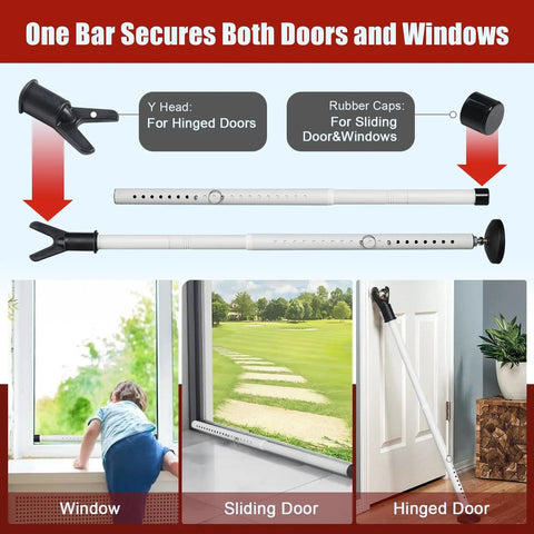 Heavy Duty Door Security Bar With 600Lb Grip That Grabs Tight Adjustable From 24.5 To 50.7 Inches Anti Slip Base usage shown on doors and windows
