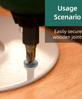 Close-up of a drill securing a screw into wood, showcasing the 110 Pcs Number Eight Self Tapping Screws Kit For Metal with serrated flat head.