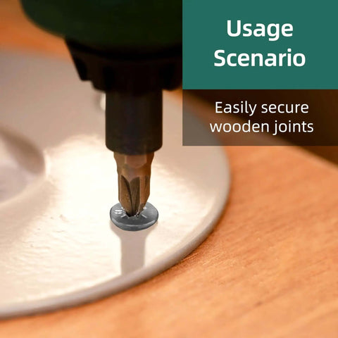 Close-up of a drill securing a screw into wood, showcasing the 110 Pcs Number Eight Self Tapping Screws Kit For Metal with serrated flat head.