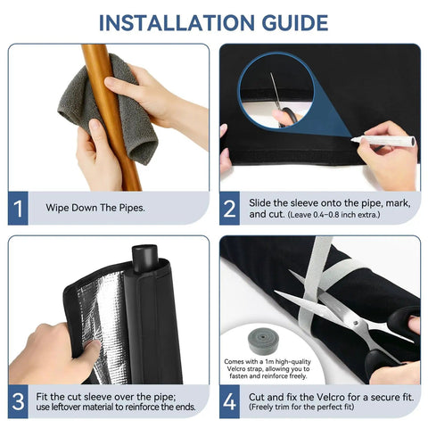 Installation guide showing steps to fit Five Layer HVAC Pipe Insulation Foam Tube Cut To Fit 59 Inch By 10.6 Inch Black