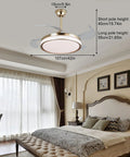Ceiling Fan Light with Dimmable for Bedroom Living Room Kitchen Modern Gold hanging in a well-decorated bedroom, showing dimensions.