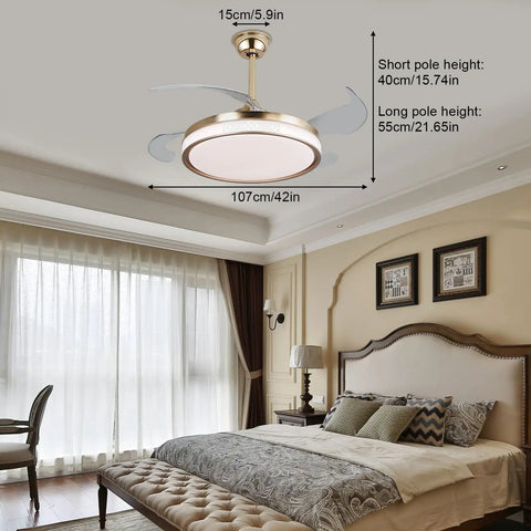 Ceiling Fan Light with Dimmable for Bedroom Living Room Kitchen Modern Gold hanging in a well-decorated bedroom, showing dimensions.
