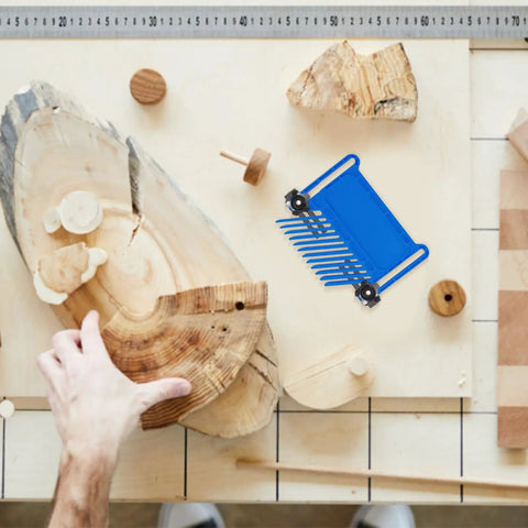 Heavy Duty Stackable Featherboard With Adjustable Miter Tracks And Dead Nuts Accurate Wood Holding Grip For Router Tables, blue, on workshop table.