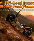 Rugged electric scooter with Beefy 3500W 11-Inch Hub Motor for Electric Scooters and E-Bikes, 48-72V Brushless Power on dirt trail.