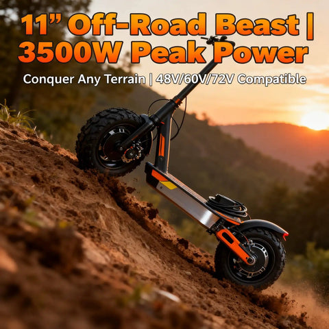 Rugged electric scooter with Beefy 3500W 11-Inch Hub Motor for Electric Scooters and E-Bikes, 48-72V Brushless Power on dirt trail.