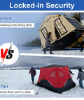 Before and after using Heavy Duty Ice Shelter Tie Down Kit With Two Beefy Grip Self Tapping Anchors And Two Cam Straps.