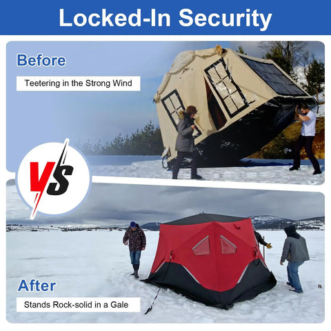 Before and after using Heavy Duty Ice Shelter Tie Down Kit With Two Beefy Grip Self Tapping Anchors And Two Cam Straps.