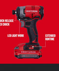 V20 Max Impact Driver Cordless Kit With Brushless Motor And Beast Mode Power side view, showing quick-release hex chuck.