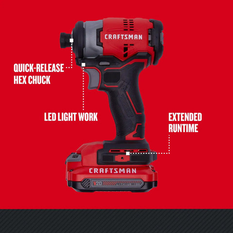 V20 Max Impact Driver Cordless Kit With Brushless Motor And Beast Mode Power side view, showing quick-release hex chuck.