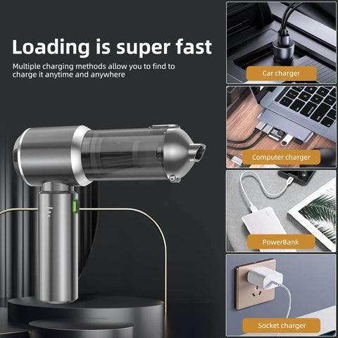 Powerful Cordless Handheld Vacuum With 28000Pa Brushless Motor showing car, computer, powerbank, and socket charging options.